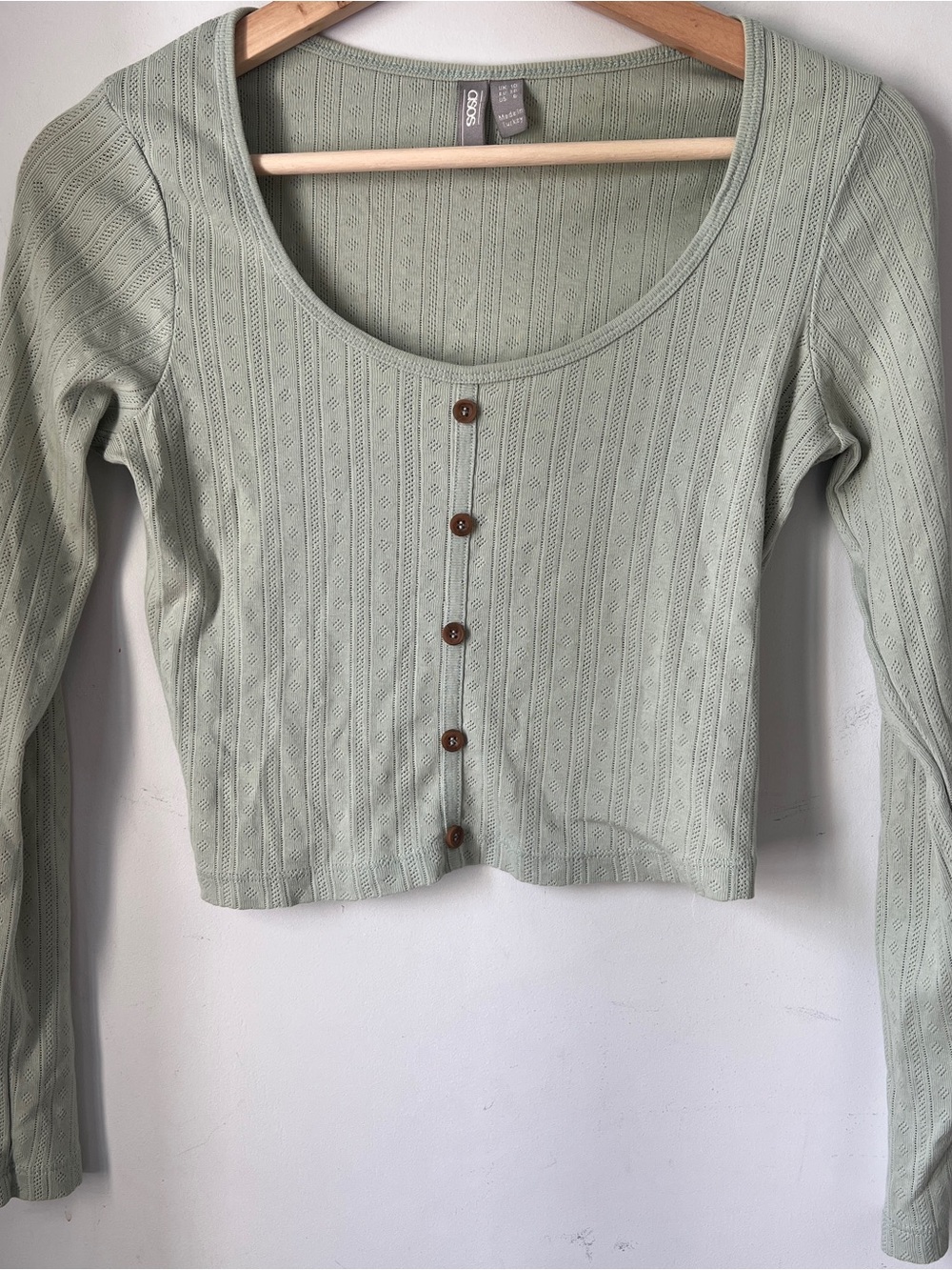 ASOS Sage Green Ribbed Scoop-Neck Button Crop Top 100% Cotton